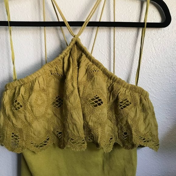 Anthropologie Ruffled Halter Lace Green Tank Top/ Boho Summer Spring Cottagecore - Picture 3 of 9